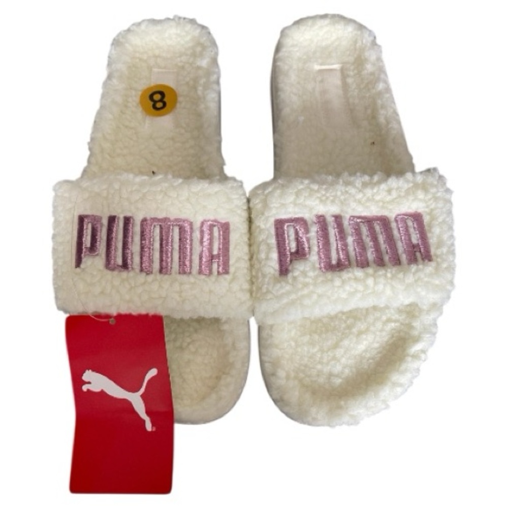 Puma Leadcat 2.0 Sherpa Slide Sandals cream and Pink Fuzzy Slides size 8
